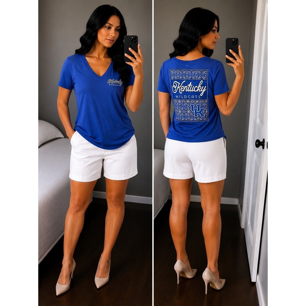 Pressbox Women LG Royal Blue NCAA UK Kentucky Wildcats V-Neck Short Sleeve Shirt